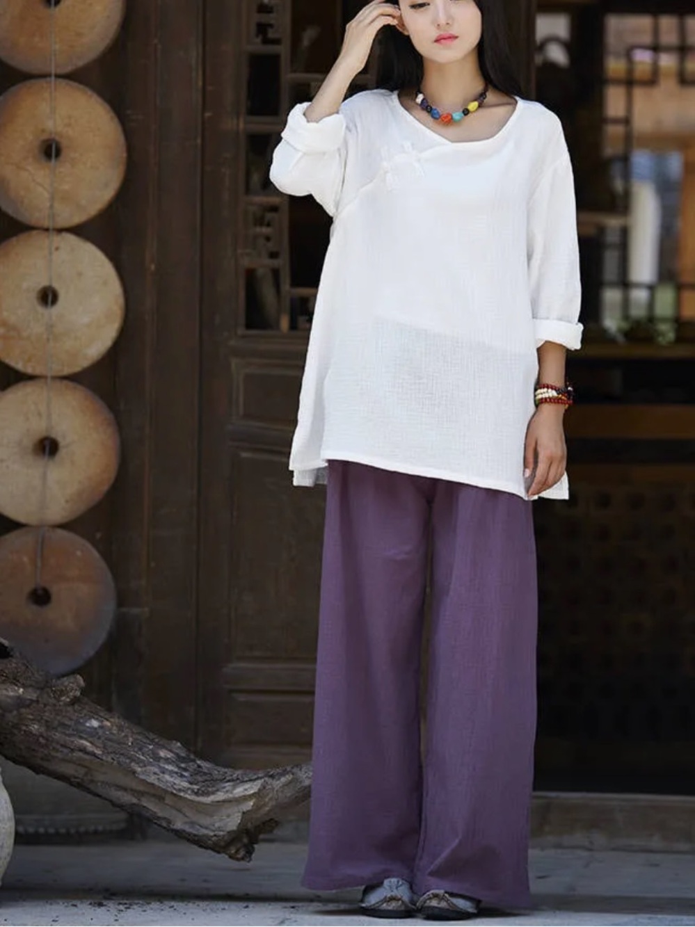 Anthology style Les umes 100% linen Relaxed Wide-Leg Purple Drawstring Pants